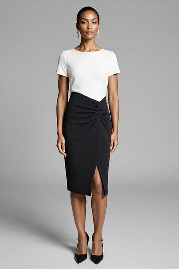 Ivory and Black Ruched Bodycon Midi Dress with Slit